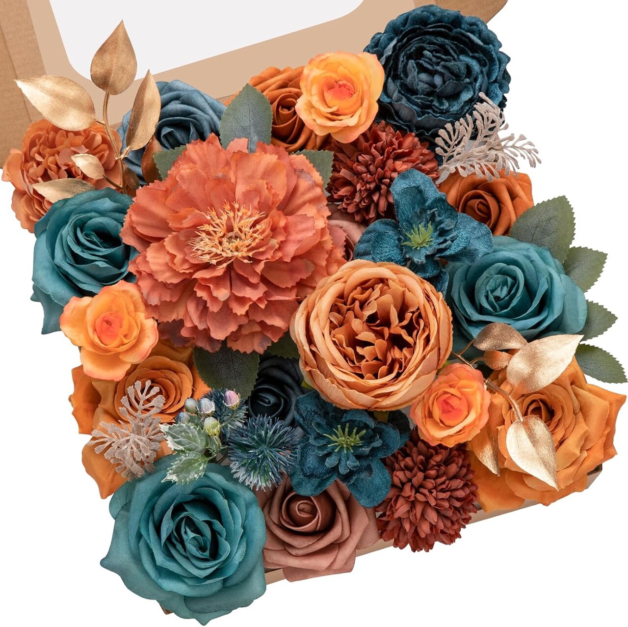 Teal & Burnt Orange Silk Floral Centerpiece Box Set – Faux Flowers for Wedding Bouquets, Baby Shower, Party, DIY Crafts & Home Decor